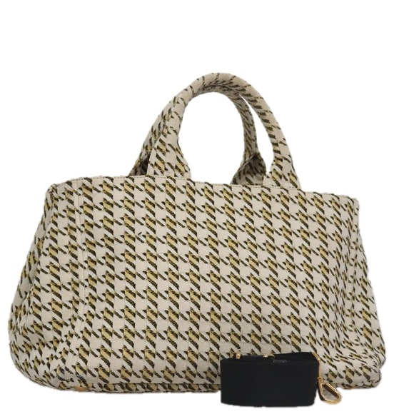 PRADA Canapa MM Hand Bag Canvas 2way White Yellow gold Auth 105426 - Picture 1 of 16